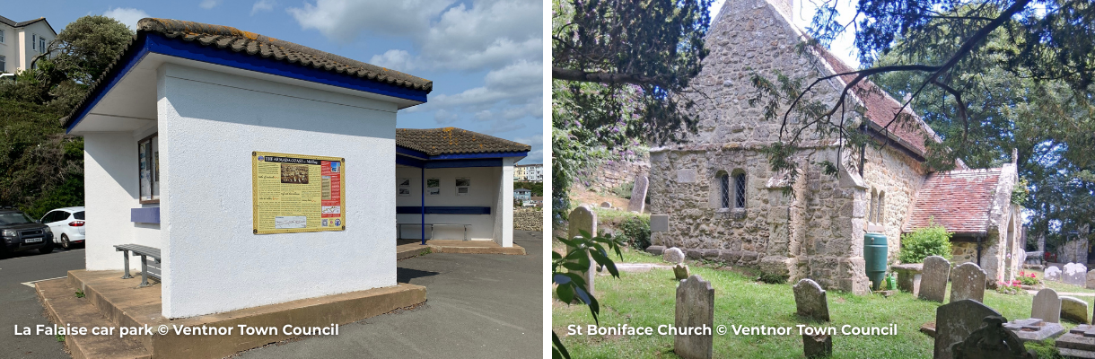Heritage board at La Falaise car park & St Boniface Church on the Isle of Wight