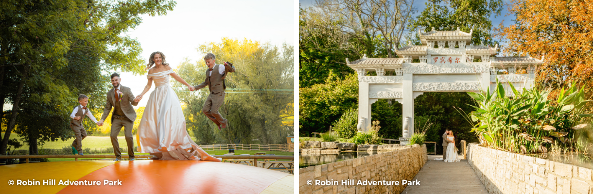 Wedding couple and children on bouncy pillow and couple near lake at Robin Hill Adventure Park on the Isle of Wight