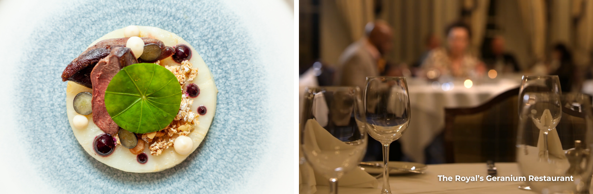 Dish and inside of The Geranium Restaurant at The Royal Hotel