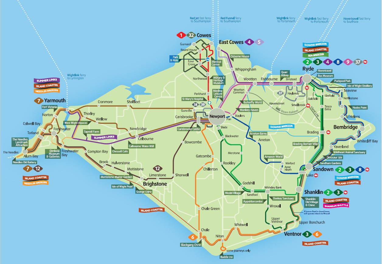 Summer map of bus routes, Southern Vectis, Isle of Wight
