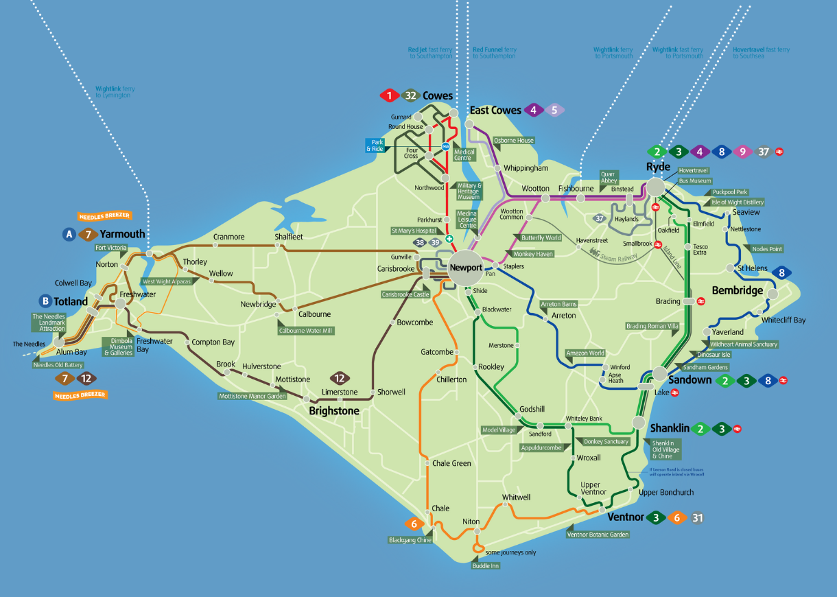 Southern Vectis bus network map for Winter 2025/26 on the Isle of Wight
