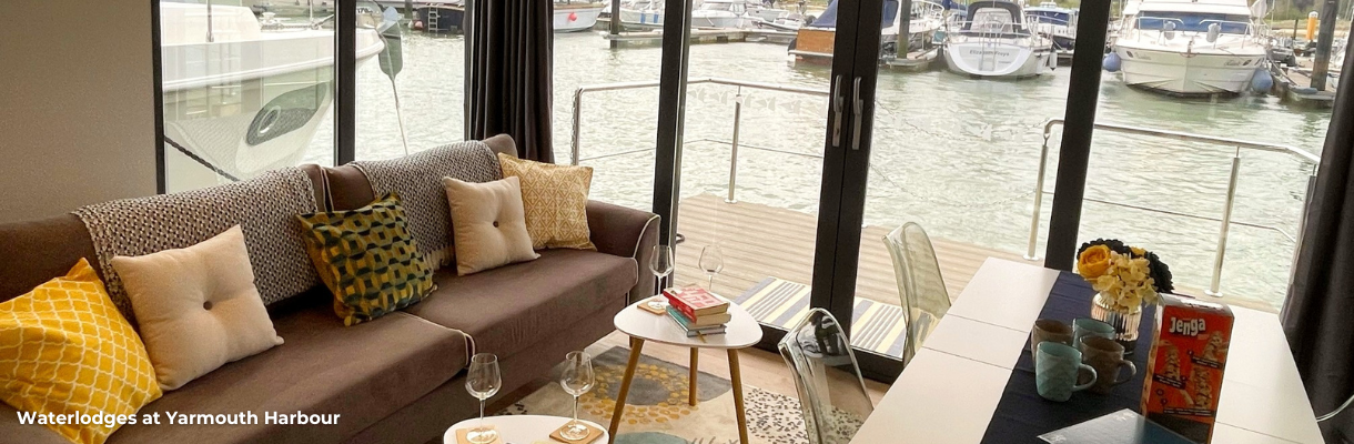 Lounge area with harbour view at Waterlodges at Yarmouth Habour on the Isle of Wight