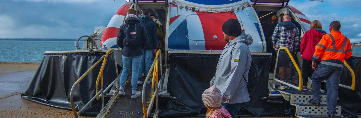 People boarding the Hovertravel's hovercraft, Isle of Wight
