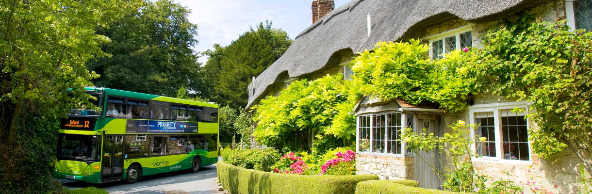 Southern Vectis bus travelling through the countryside on the Isle of Wight