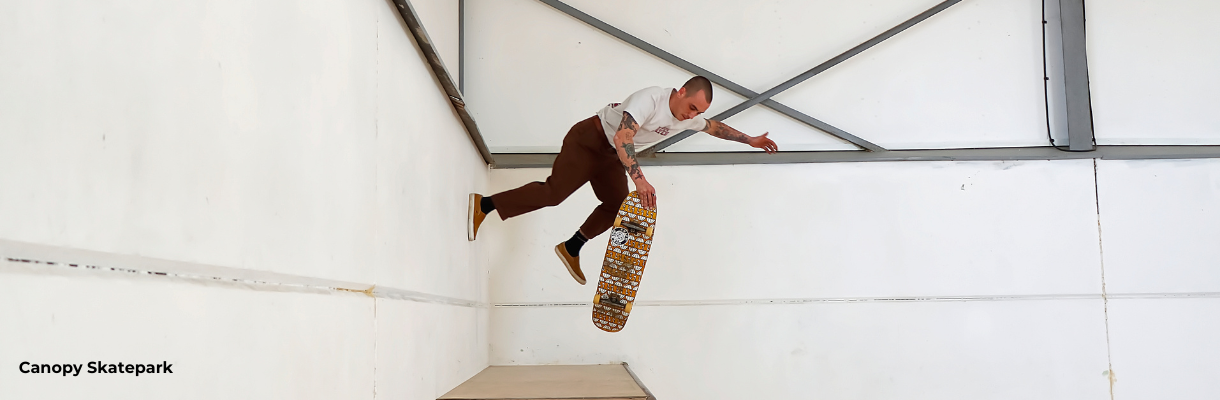 Man skate boarding at Canopy Skatepark on the Isle of Wight