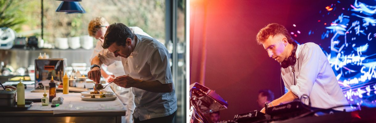 Chef Steve Drake cooking and Taylor Phinney on the decks at Joyride Festival, Isle of Wight