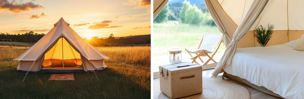 Yurt in a field and inside view of a luxury yurt - Joyride Festival, Isle of Wight