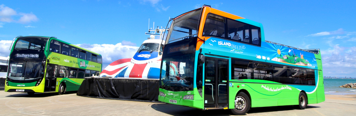 Two Southern Vectis buses next to the hovercraft on the Isle of Wight