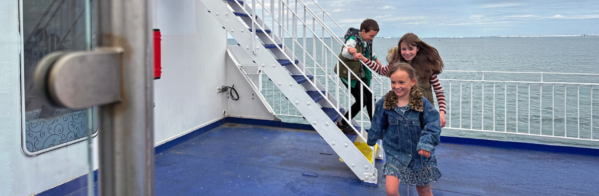 Children walking on the deck of the Wightlink ferry