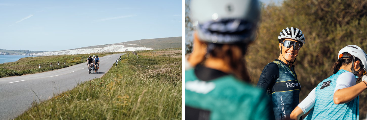 Two cyclists riding along the Military Road and Dani Rowe - Joyride Festival, Isle of Wight