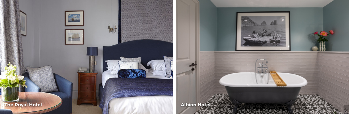 Bedroom at The Royal Hotel and bathroom at Albion Hotel on the Isle of Wight