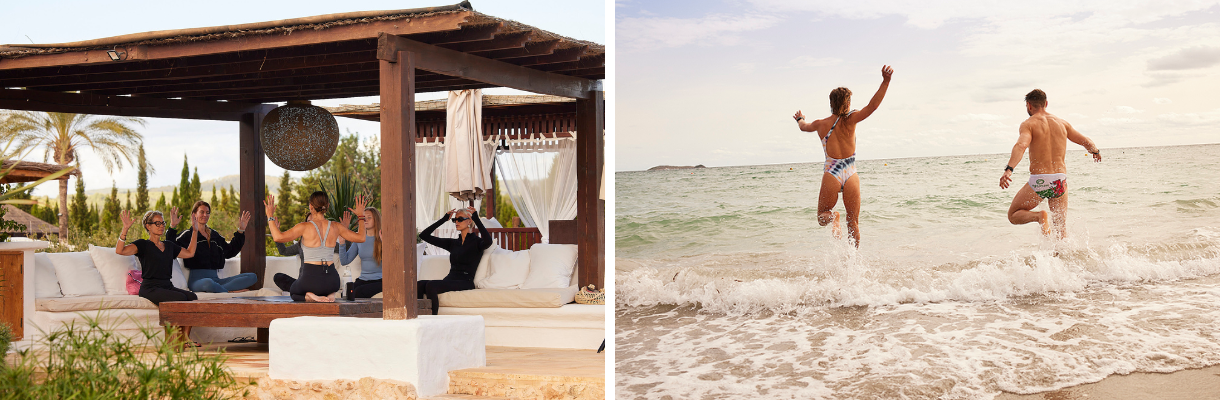 Yoga at Joyride Festival on the Isle of Wight and two people running into the sea